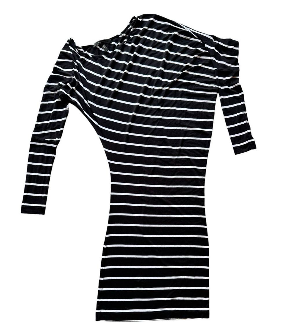 Y2K BCBGMAXAZRIA Black White Striped One Shoulder Long Sleeve Bodycon Mini S B08